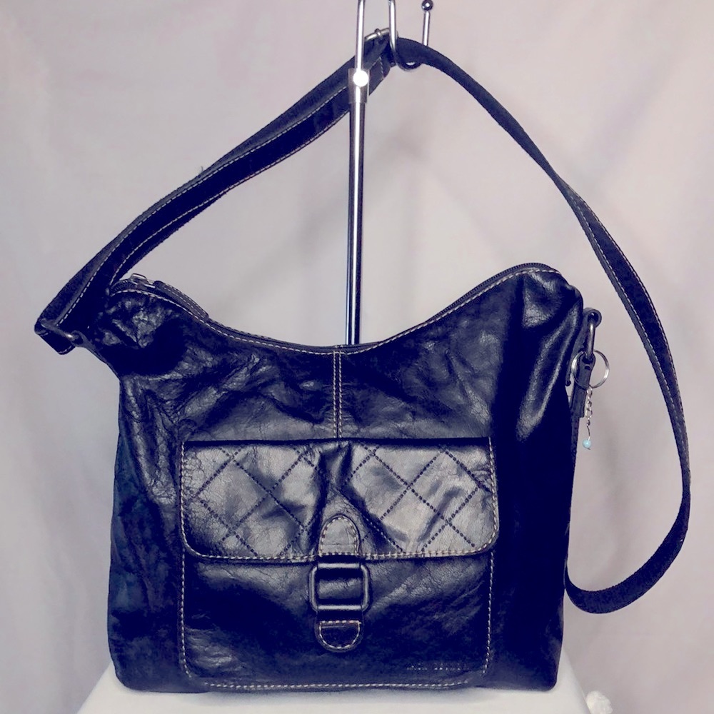 JACK GEORGES black leather crossbody handbag.